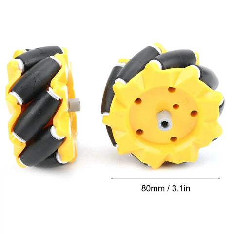 Ultra Durable Mecanum Wheel Set For Geared Motors And Robot Cars, omnidirectional rubber coated wheels, 80mm diameter, side view.