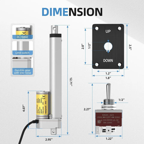 Diagram showing dimensions of Beefy 8 Inch 12V Linear Actuator with 330Lb Thrust, including manual controller and components.