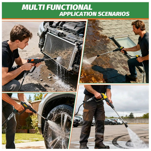 Stainless Steel Pressure Washer Quick Connect Kit Set With Three Eighths Inch Female And Male Threads shown in multiple uses