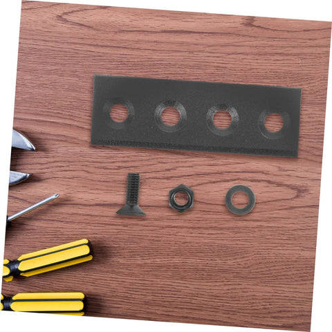 Stainless Steel Barn Door Track Connector Kit With Dope Black Joint Plate And Flat Gasket Design on wooden surface with tools