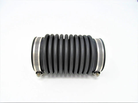 Marine exhaust bellows, black ribbed rubber with silver hose clamps at both ends.