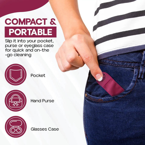 Person placing rose microfiber cloth into pocket, highlighting Four Pack Microfiber Eyeglass Cleaning Cloths Rose And Green Clean Lenses