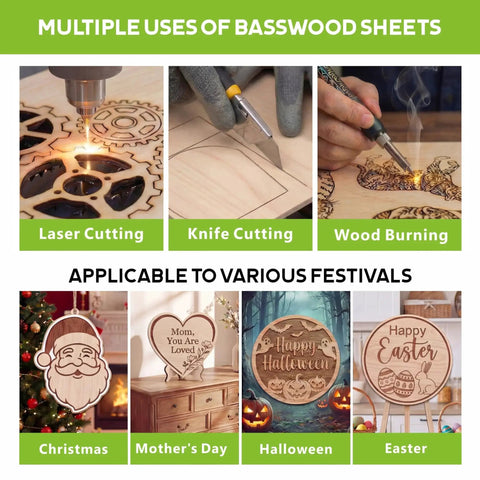 Four Pack Basswood Sheets One Eighth Inch Thick Twelve By Twelve Inches Smooth Surface Perfect For Laser Cutting Engraving Burning DIY Models Painting And Craft Projects shown in various applications like laser cutting and wood burning.