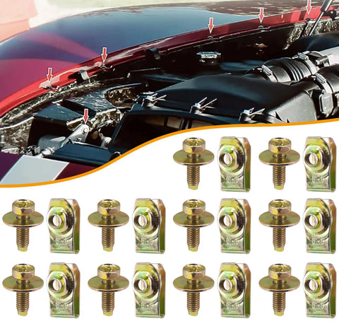 Heavy Duty 20x M6 1.0 Car Body Bolts With 10mm Hex Head And 17mm Washer Plus 20x U Nuts Clips Under Tray Splash Shield Fasteners