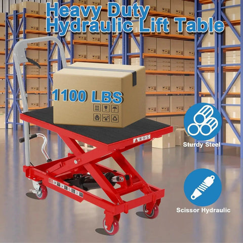 Heavy Duty Hydraulic Lift Table Cart 1100LB Capacity With 32 Inch Lift Height in warehouse with sturdy steel frame