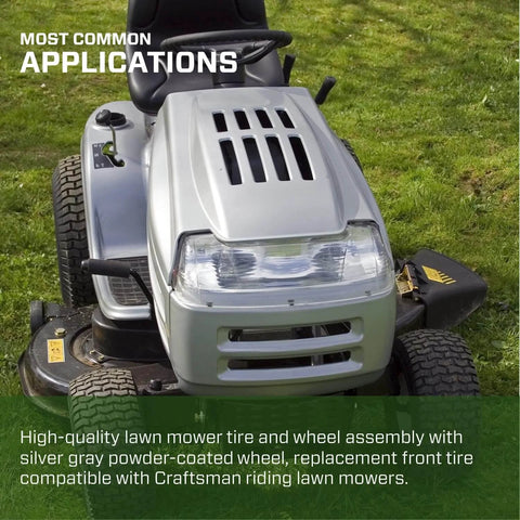 Riding lawn mower with Two Pack 15x6.00-6 Pneumatic Tire And Wheel Assembly For Riding Lawn Mowers Turf Saver Front Tires 4 Ply Center Hub Grease Fitting Easy Install Fits Craftsman Riding Mowers installed.
