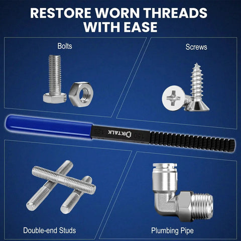 Screws, bolts, double-end studs and plumbing pipes with thread restorer file, highlighting 15 Piece Metric Thread Chaser Set With 7 Taps And 7 Dies Plus Thread Restorer File For Automotive And DIY Rethreading In Durable Case Pro Grade Tool M6x1.0 M8x1.25 M10x1.25 M10x1.5 M12x1.25 M12x1.5 M12x1.75