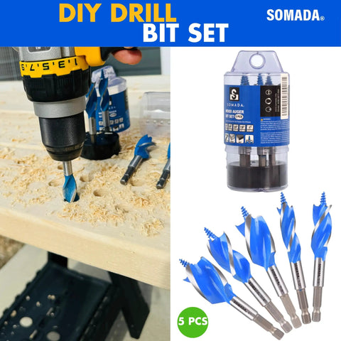 Auger Drill Bit Set For Wood, Five Piece Including One Half Inch, Five Eighths Inch, Three Quarters Inch, Seven Eighths Inch And One Inch, Four Inch Long With Quick Change Shanks, Storage Case, Impact Drill Ready, Pro Grade DIY Projects By SOMADA