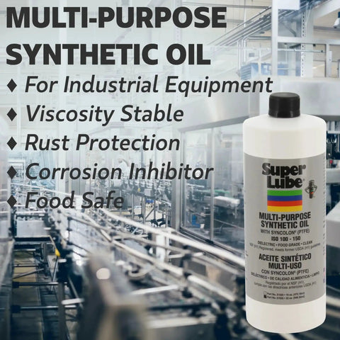 All-Purpose Synthetic Oil With Syncolon For 3D Printers, Tools And Maintenance, Waterproof, NSF Rated Heavy-Duty Industrial-Grade Lubricant For Reduced Friction And Smooth Operation, Translucent White Bottle, 4 Oz on factory background.