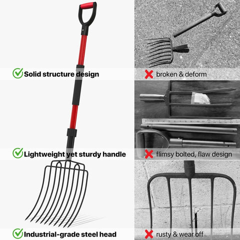Wide 10 Tine Garden Pitch Fork With Carbon Steel Tines And Fiberglass Handle 44 Inch Red Heavy Duty Pitch Fork For Mulching Compost