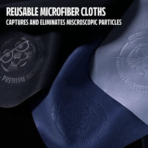 Close-up of See Lion Swipes Microfiber Lens Cloths 2 Pack UltraSoft Reusable For Glasses in black and blue colors