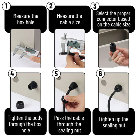 Instructions for installing waterproof cable gland set, six-step guide with measurements for outdoor enclosures and wiring projects.