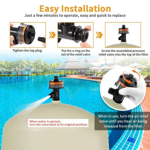 High-flow manual relief valve for pool filter, black with orange warning label, installed on top of the filter.