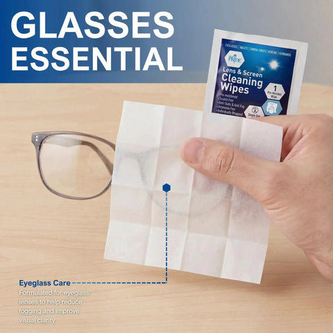 Hand holding Anti Fog Lens And Screen Cleaning Wipes For Eyeglasses And Devices Premoistened next to eyeglasses and packaging.