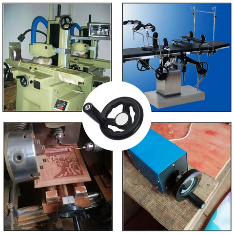 Collage of a round hand wheel with revolving knob used on milling machines, drill presses, and lathes