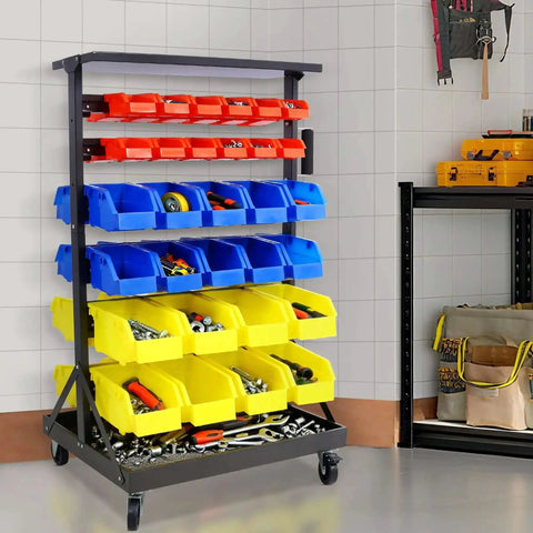 60 Bin Parts Bin Rack For Garage Storage 6 Tier Dual Sided Rolling Steel Shelf 350 Lb Capacity Heavy Duty Portable Wheels Mobile Tool Organizer With Plastic Bins