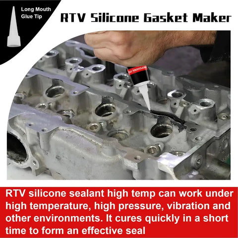 Applying Beefed-Up High Temperature RTV Silicone Gasket Maker Sealant Black on engine component close-up.