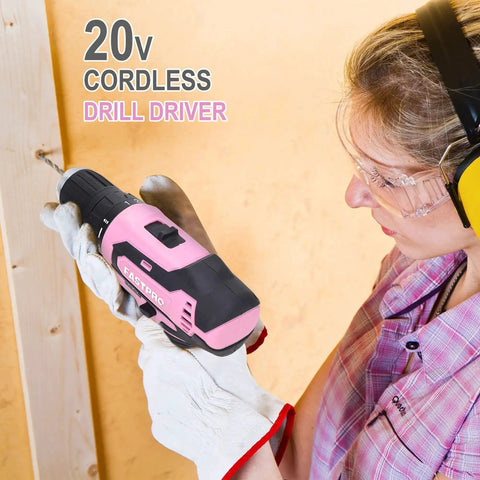 Woman using 20V cordless drill driver from Pink 232-Piece Drill Set With 20V Cordless Drill Driver And Home Tool Kit For Women