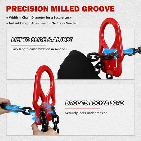 Two-leg lifting chain sling with red steel hooks and black chain, 5/16 in x 10 ft.