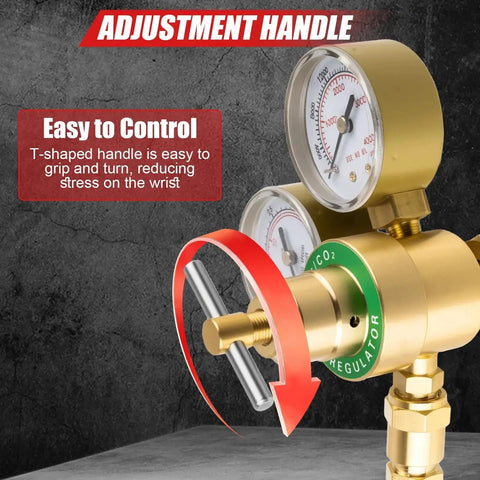 Close-up of Dual Gauge Argon And CO2 Welding Gas Regulator For TIG And MIG Pro Grade Regulator with adjustment handle.
