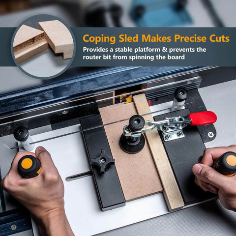 Front view of Pro Grade Rail Coping Sled For Router Tables And Jigs with adjustable clamps for precise cabinet door cuts.