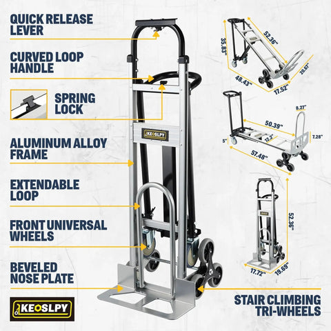 3 In 1 Industrial Convertible Hand Truck Dolly Cart With 1000 Lbs Capacity, Heavy Duty Stair Climbing Dolly, aluminum features