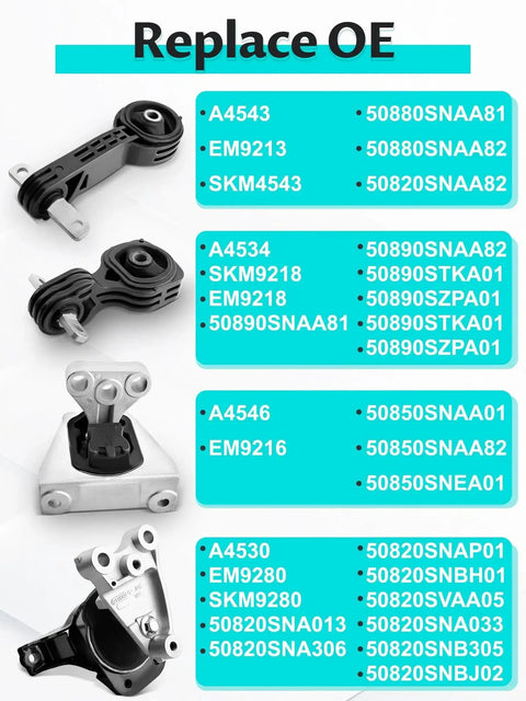 Engine And Transmission Mount Kit For 2006-2011 Civic 1.8L Automatic, direct fit OE replacements A4530, A4534, A4543, A4546