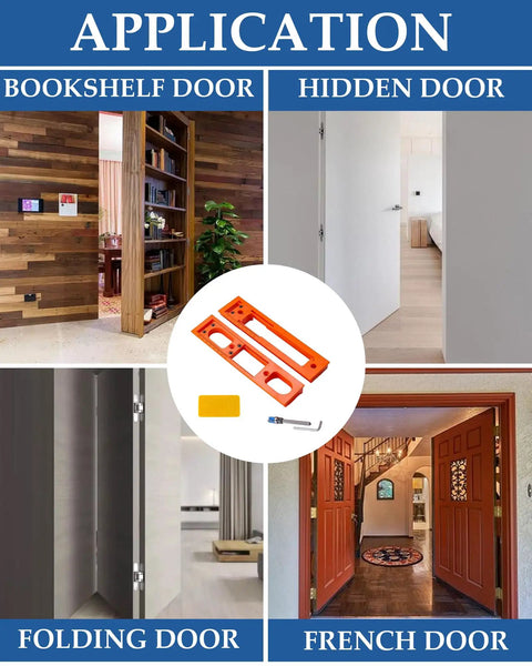 Image showing uses of 5.5-Inch Hidden Hinge Mortiser Template For Door Installation With Universal Compatibility For Most Routers And Hidden Door Hinges Precision Jig, featuring bookshelf, hidden, folding, and French doors.