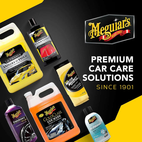 Meguiar's car care products including wash, wax, waterless wash, and tire spray, with Meguiar's logo and text 'Premium Car Care Solutions Since 1901'.