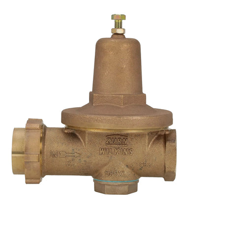 Zurn Wilkins 2-500XL 2-inch water pressure reducing valve, brass body, front view.