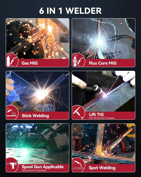 All In One 6 In 1 MIG Welder With Gas, Flux Core, Stick MMA, Lift TIG, Spot Weld, Spool Gun Ready Aluminum Multi Process Welder, 200Amp, LED Display, Burn Back Adjustment, 110V 220V; image showing various welding processes.