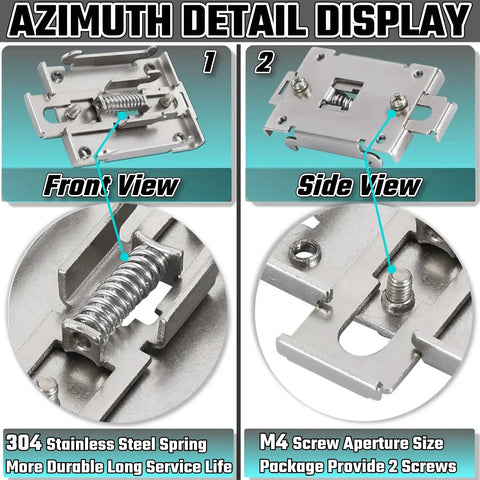 Front and side view of Heavy Duty 35mm Din Rail Clip Kit For Solid State Relays showing stainless steel construction and screws.