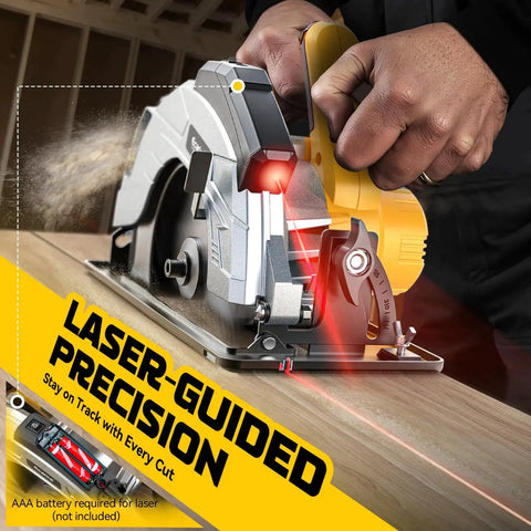 Cordless Circular Saw Seven And A Quarter Inch With Laser Guide, Brushless Motor, Five Thousand RPM, Bare Tool cutting wood