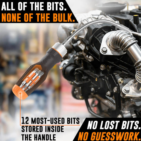 Image of a Versatile 12 In 1 Ratcheting Flexible Screwdriver with bendable shaft and visible bit holder in a mechanical setting.
