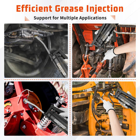 FIXSMITH lever-action grease gun with 12-inch hose and 7-inch extension for automotive lubrication.
Side view of FIXSMITH lever-action grease gun in use on heavy machinery with a long hose.
Close-up of FIXSMITH grease gun dispensing grease through the 12-inch hose.
Installed view of FIXSMITH grease gun connected to industrial equipment with 7-inch extension.