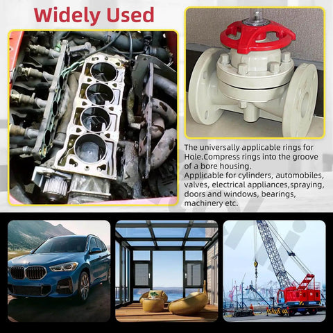 Collage showing uses for Snap Rings: engine part, valve, car, deck, and crane; versatile in mechanical and industrial repairs.