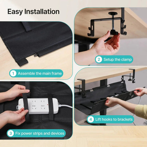 Installation guide for Under Desk Cable Management Tray 31.5 Inches No Drill Clamp Mount Wire Organizer showing setup and use.
