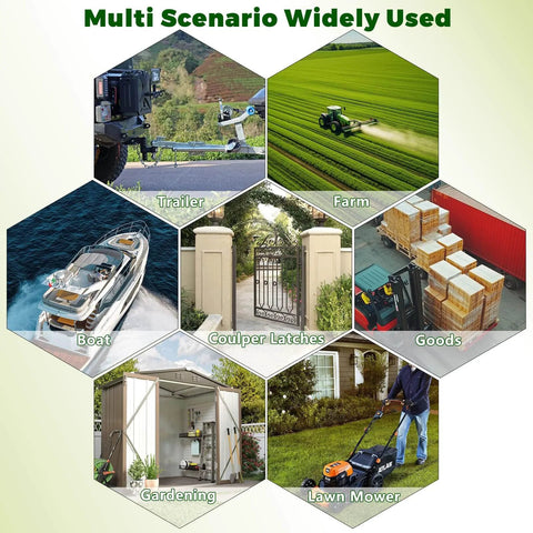 Collage of multi-scenario uses: trailer, farm, boat, coupler latches, goods, gardening, lawn mower. Seven hexagonal sections.