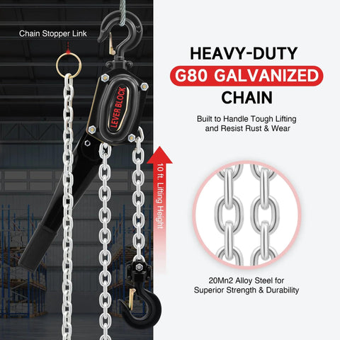 Lever Chain Hoist One And One Half Ton Capacity 3300 Lb Manual Chain Hoist With Ten Ft Lift G80 Galvanized Chain in warehouse