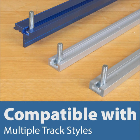 Image showing compatibility of the 46 Piece T Track Bolts And Knobs Kit With 1/4-20 Bolts And Threaded Knobs For Woodworking on multiple track styles.