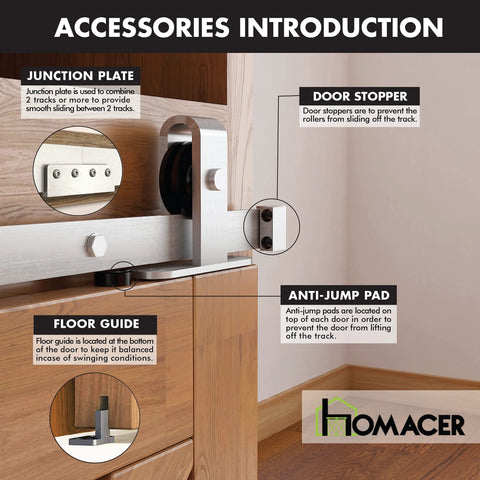 Mini Brushed Nickel Sliding Barn Door Hardware Kit For Double Doors With 60 Inch Flat Track And Bent T Shape Rollers Non Bypass Design Ideal For Cabinets TV Stands Consoles Closets And More accessories detail showing door stopper, floor guide, and junction plate.