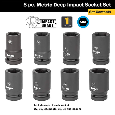 Image of 8-Piece 1-Inch Drive Metric Deep Impact Socket Set With Heavy-Duty Blow Molded Case, 6-Point Metric Sockets 27mm to 41mm.