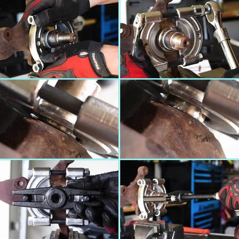 Heavy Duty 14 Piece Bearing Puller Set With 5 Ton Capacity Includes 2 Inch And 3 Inch Bearing Separator Jaws in use on a hub.