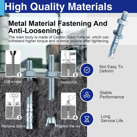 Installation steps for Five Sixteenth Inch By Four Inch Concrete Anchor Bolts Set Of Ten Wedge Anchors ASTM A36 Carbon Steel