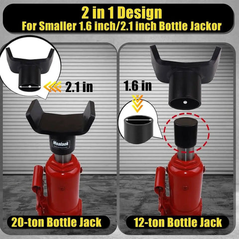 2-in-1 design feature of Beefy Heavy Duty Bottle Jack Adapter for 12 Ton and 20 Ton Jacks showing fit on different jacks.