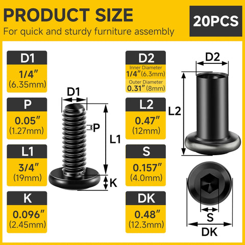 1/4-20 Flat Head Socket Cap Screws Bolts And Barrel Nuts Kit For Furniture Assembly size diagram with dimensions