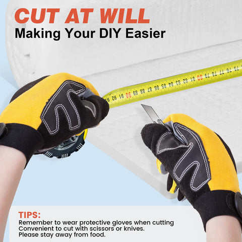 Lyrufexon ceramic fiber insulation sheet, 24x15.7x1 in, being cut with a knife by gloved hands; tape measure shown