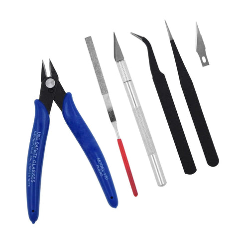 Pro Grade 13 Piece Plastic Model Tool Set With Hobby Clippers Tweezers Files And Knife For Assembling Miniatures Mecha Cars And Dioramas Built For Beginners To Pros showing clippers, metal file, knife, and tweezers.