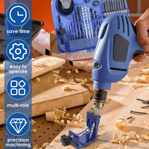 Pocket Hole Jig Kit With Adjustable Punch Locator And 15 Degree Drill Guide for DIY woodworking shown in use with drill