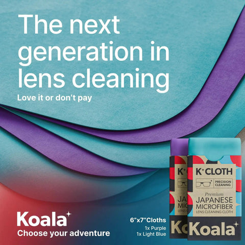 Colorful Japanese Microfiber Lens Cleaning Cloths Pack Of 2 for glasses cameras screens, in purple and blue.